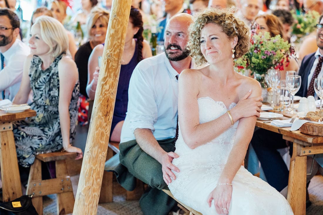 bride crying during speeches tipi wedding in kent
