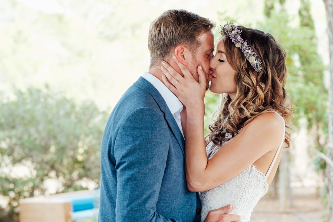 first kiss at ibiza travel wedding in a villa