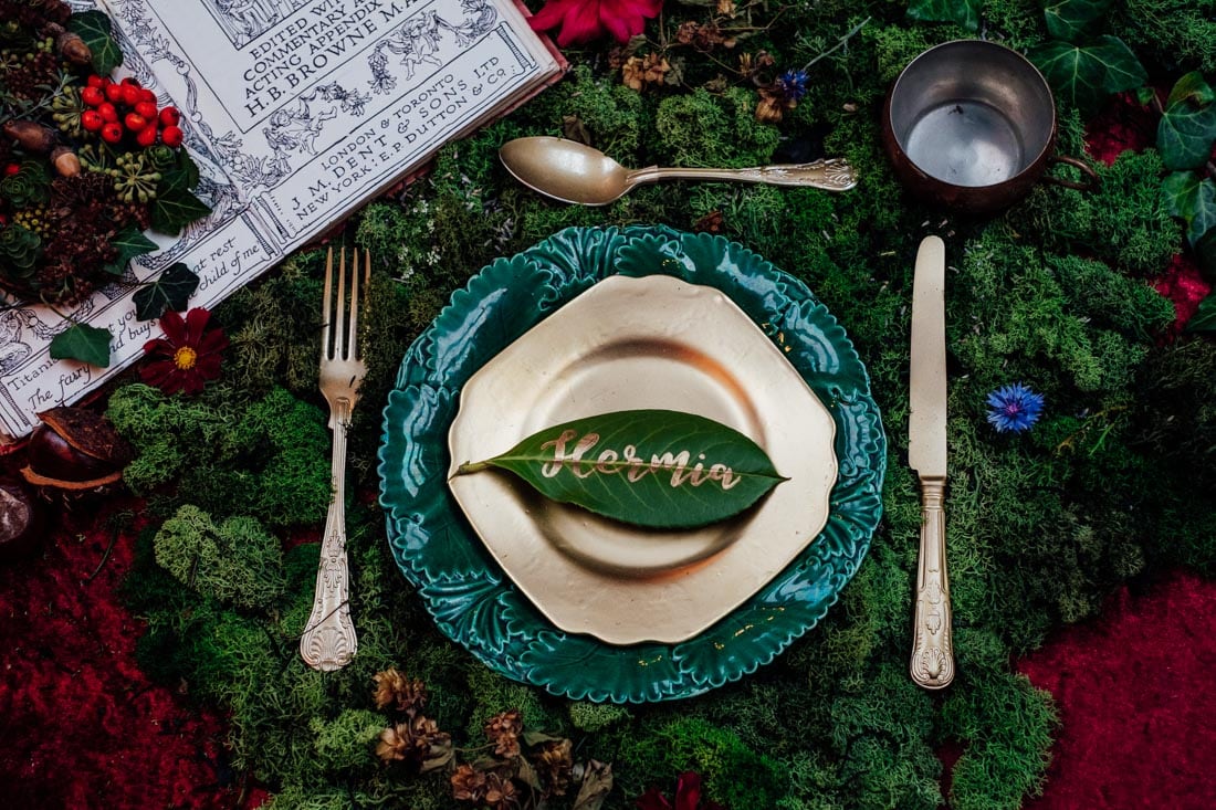 leaf place name setting for a wedding