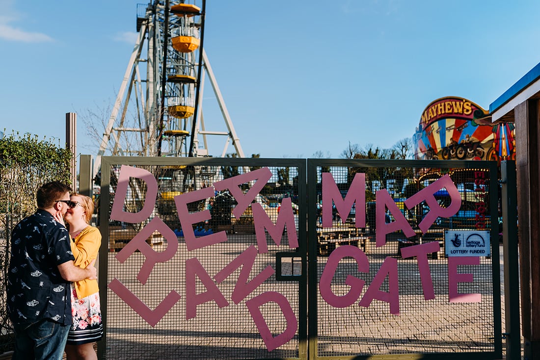 bride and groom kissing at dreamland margate kent