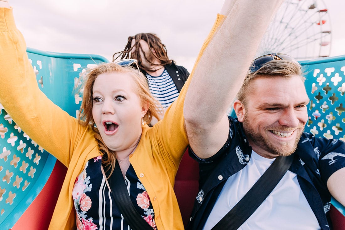 bride and groom on the rollercoaster at dreamland margate kent