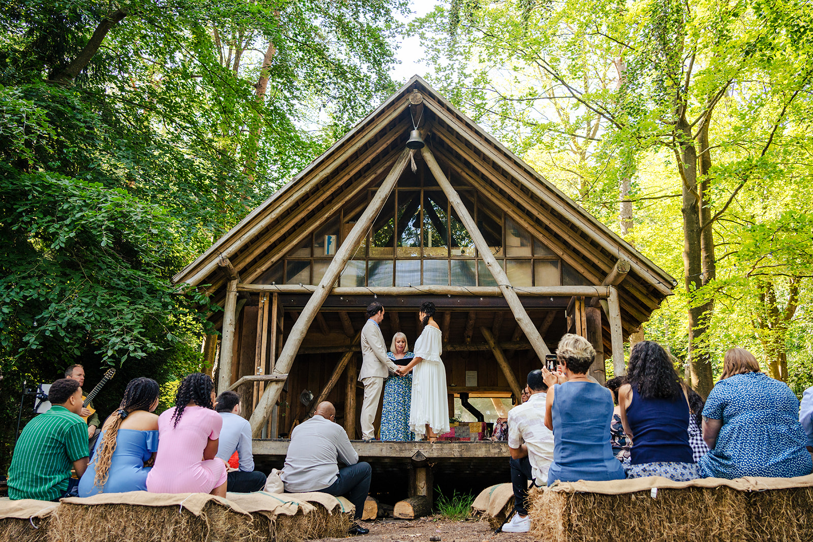 A wilderness wedding in a wooden cabin.